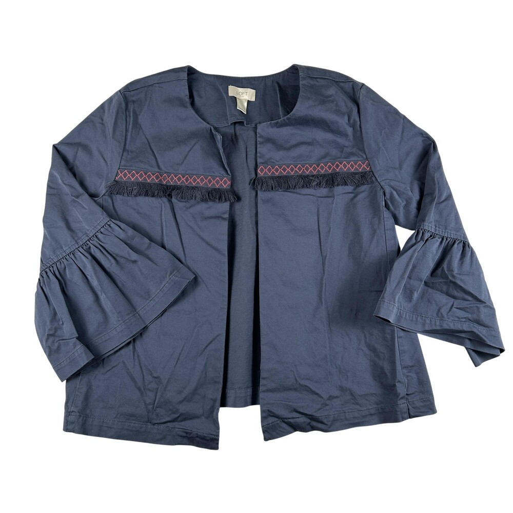Loft Jacket Womens Large Blue Kimono Open Front Fringe Embroidered Bell Sleeve